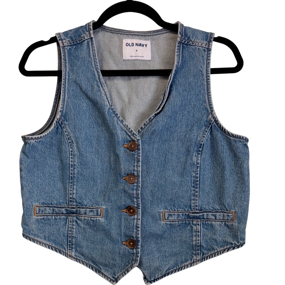 Old Navy Womens Medium Wash Denim Vest Blue V-Neck Button Front Western Sz M